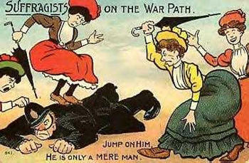 Cartoon of early 20th century suffragists beating a hapless policeman who has been conditioned that